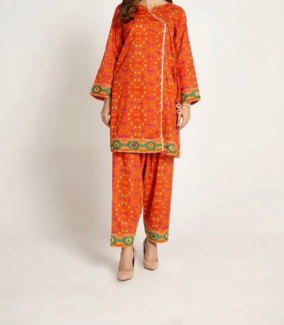Orange Ajrak Inspired Kurta Set with Side Tassel Detailing
