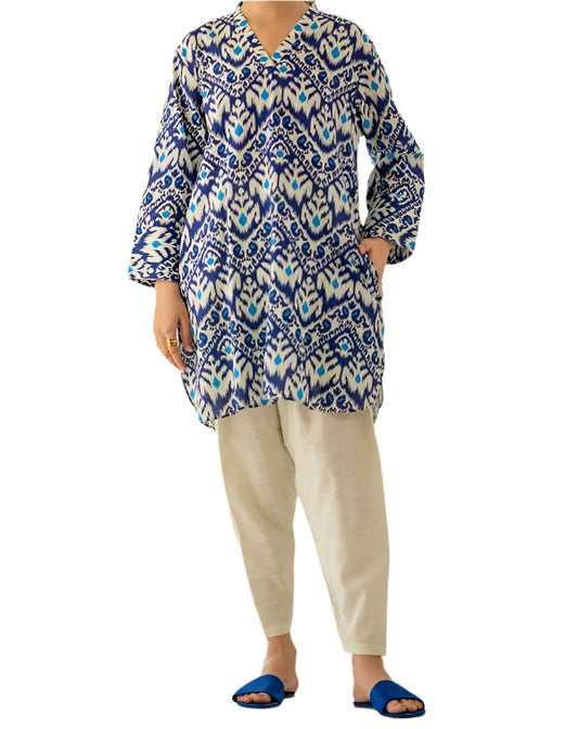 Blue and White Ikat Printed Kurta with Cream Pants