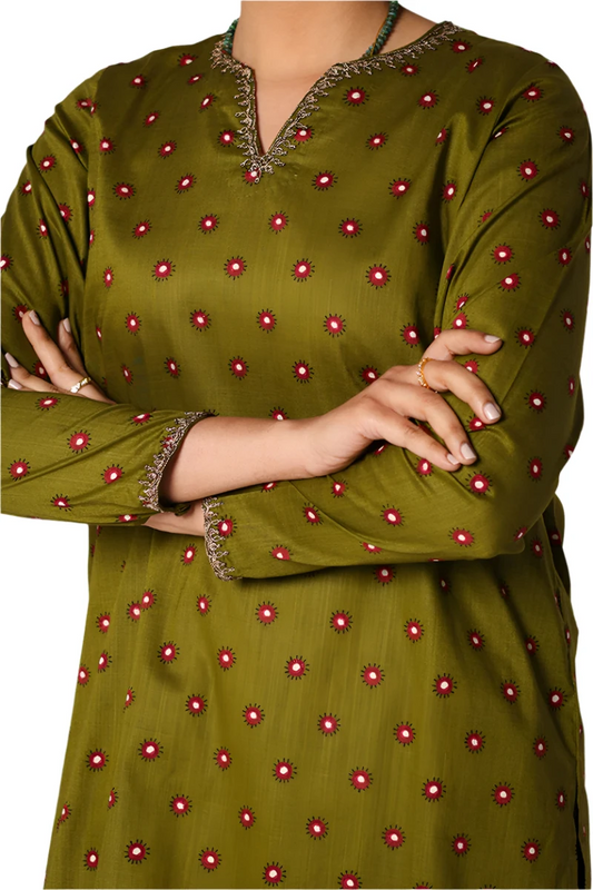 Olive Green Mirror Work Kurta with Flared Ajrak Pants