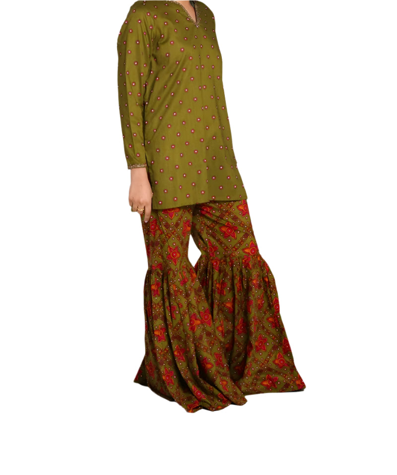 Olive Green Mirror Work Kurta with Flared Ajrak Pants