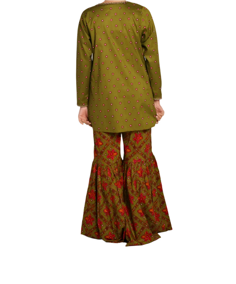 Olive Green Mirror Work Kurta with Flared Ajrak Pants