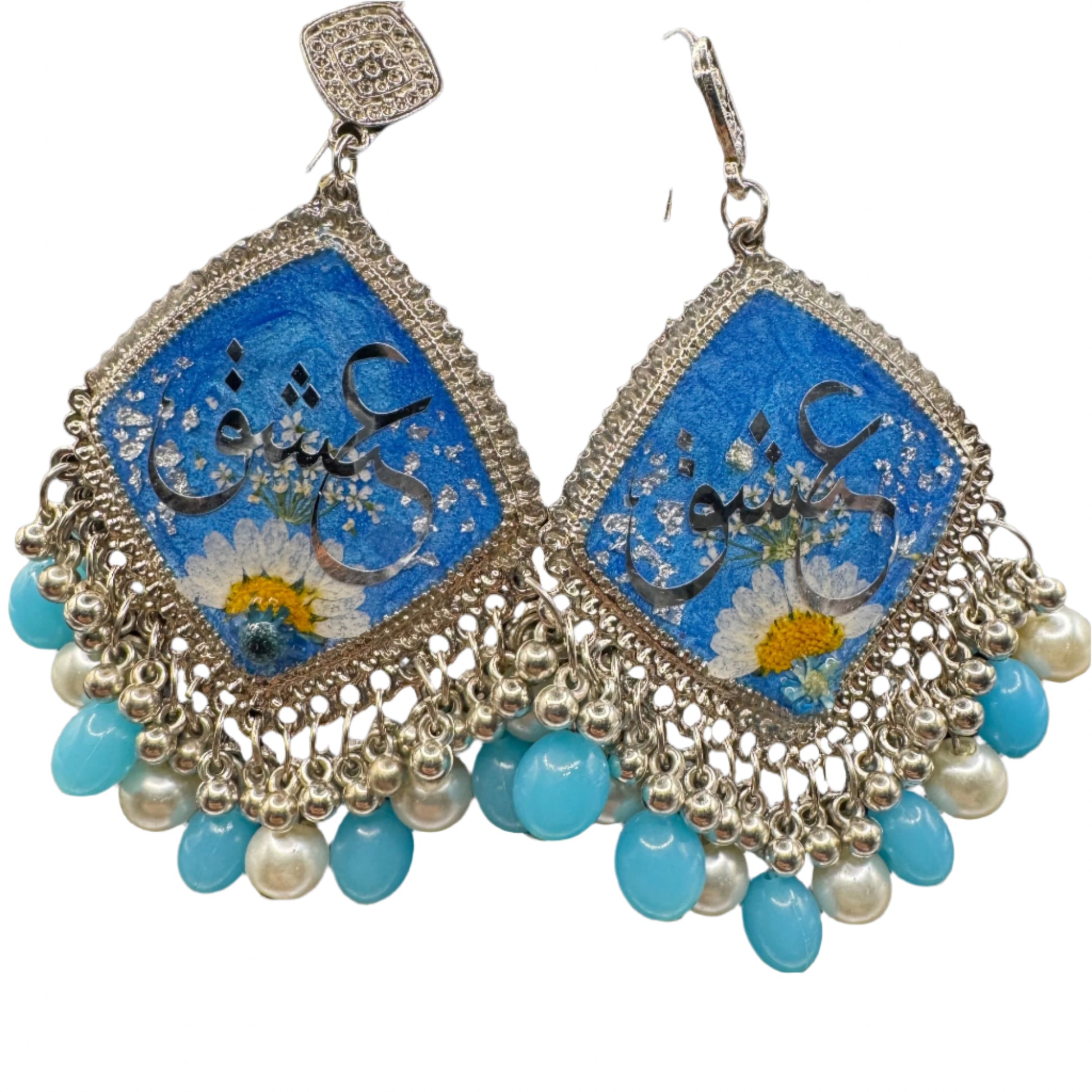 Blue & White “Ishq” Floral Earrings with Pearl Beadin