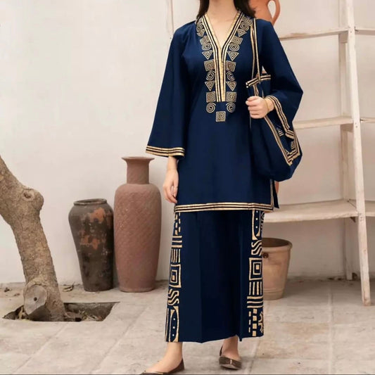 Navy Blue Geometric Embroidery Outfit CO-ORD Set