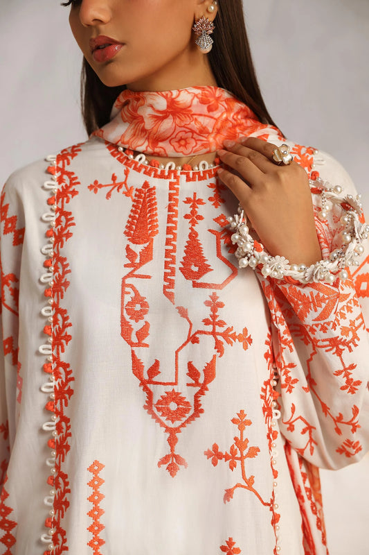 Off-White & Orange Printed Lawn Suit with Dupatta