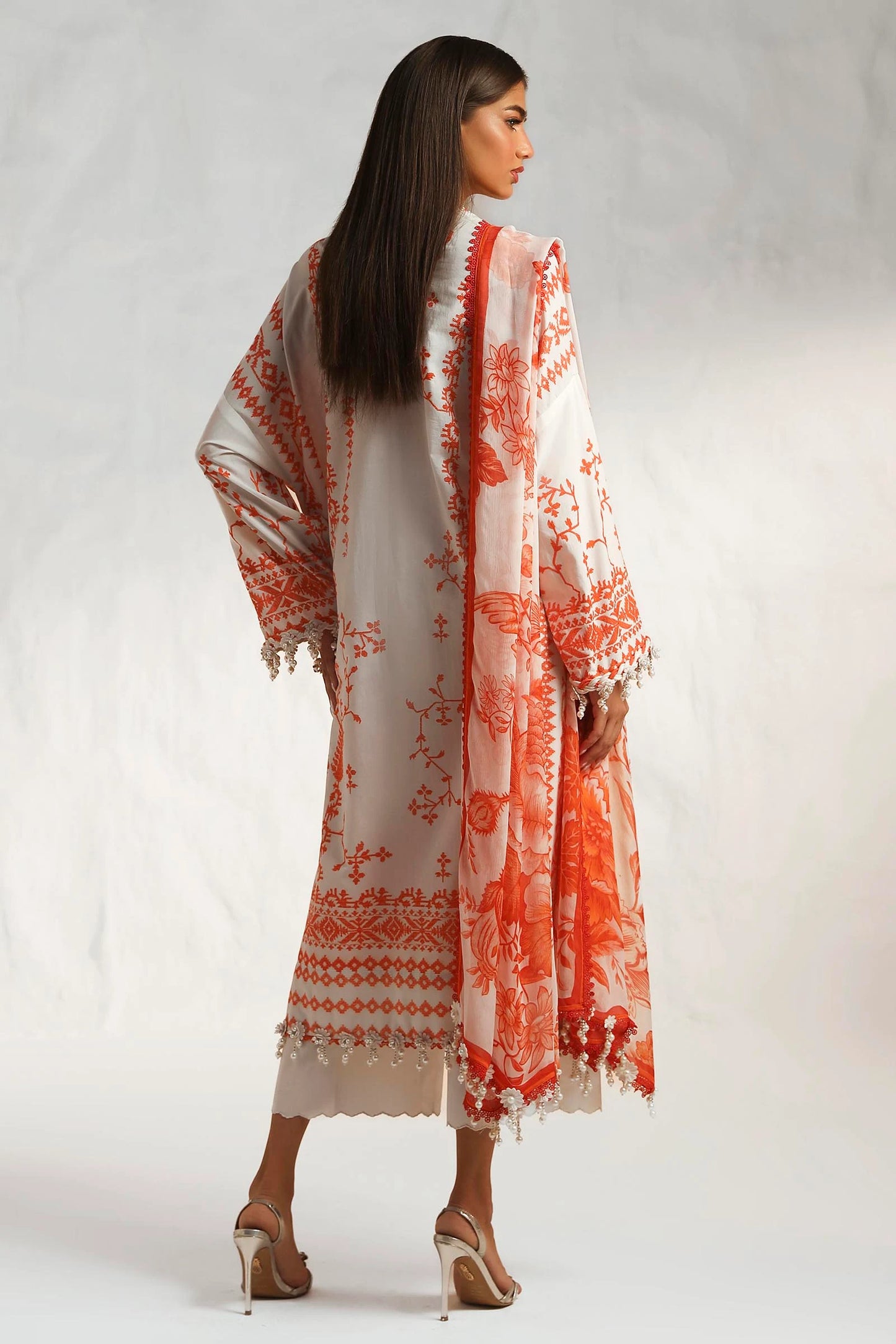 Off-White & Orange Printed Lawn Suit with Dupatta