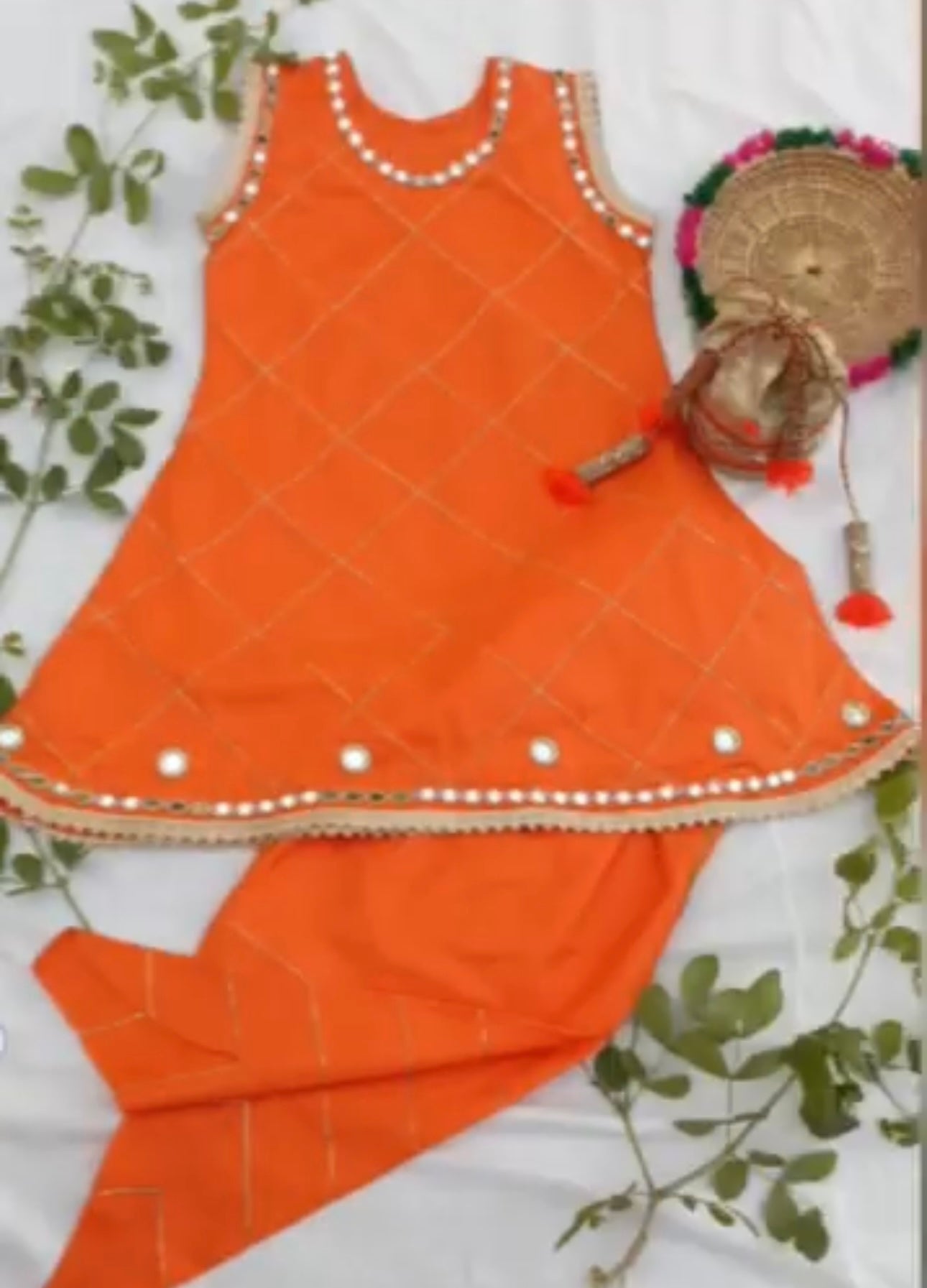 Orange Mirror Work Kurta Set for Girls