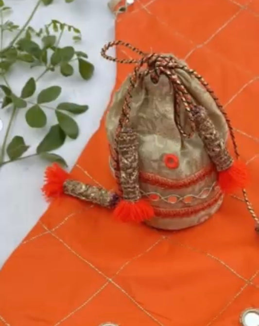 Orange Mirror Work Kurta Set for Girls
