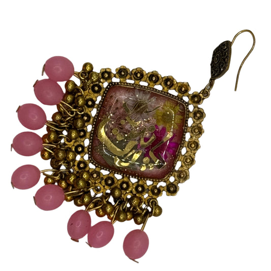 Pink Floral Square Urdu Calligraphy Earrings