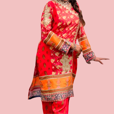 Red & Orange Embellished Kurta Set 