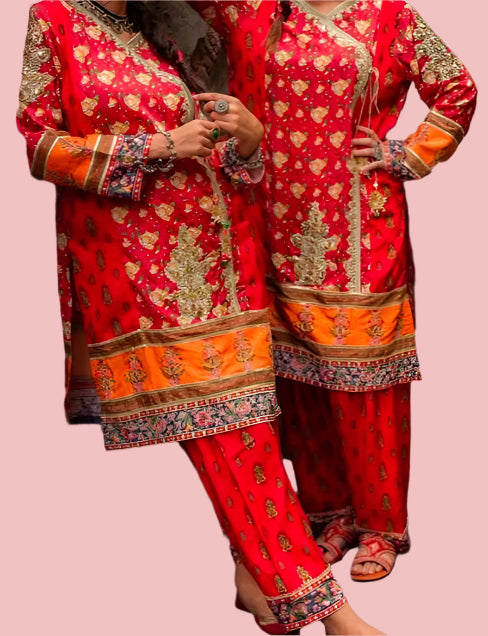 Red & Orange Embellished Kurta Set 