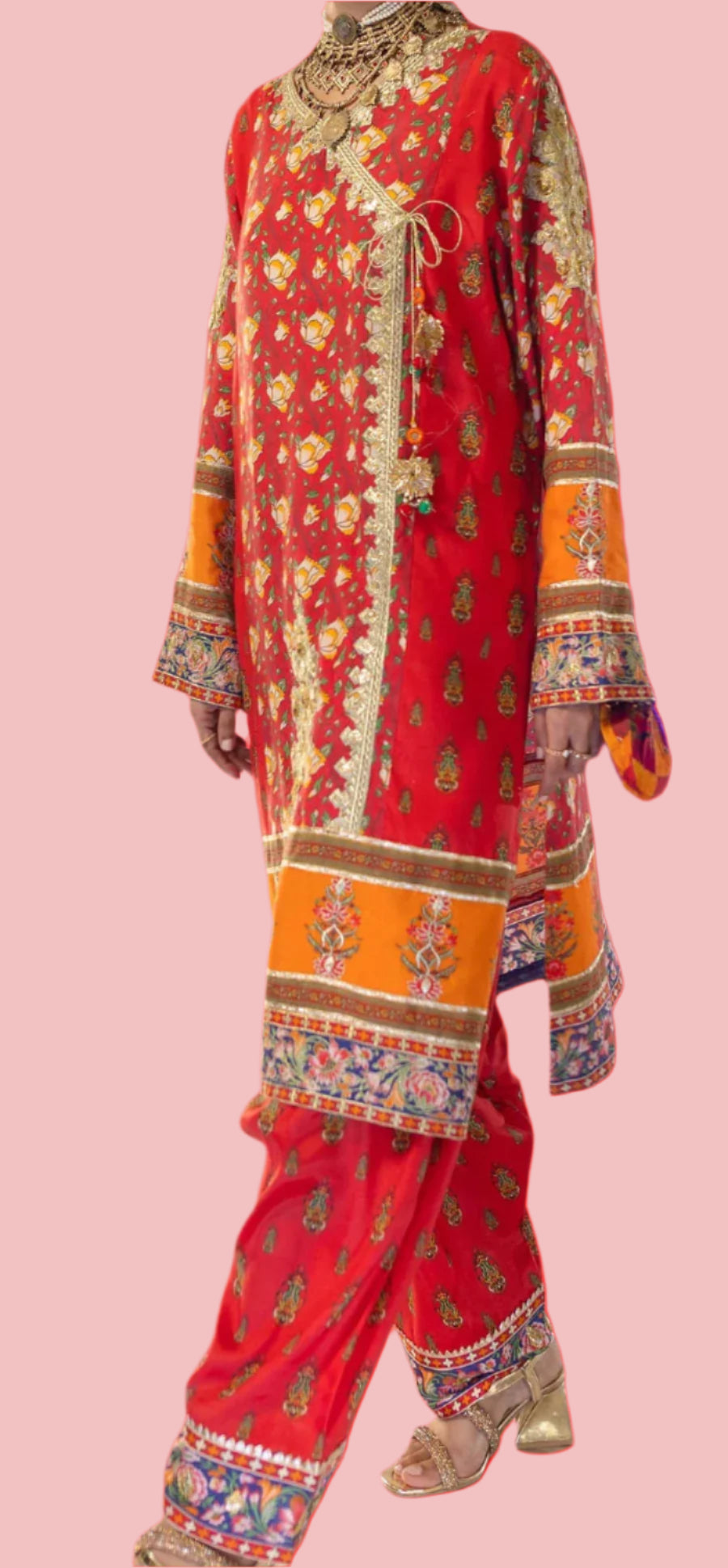 Red & Orange Heavily Embellished Festive Kurta Set