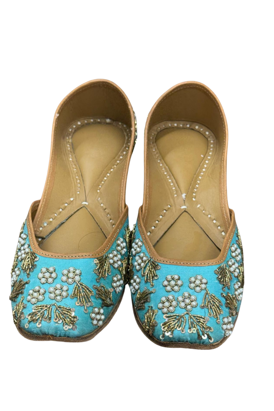 Sky Blue Pearl & Gold Khussa