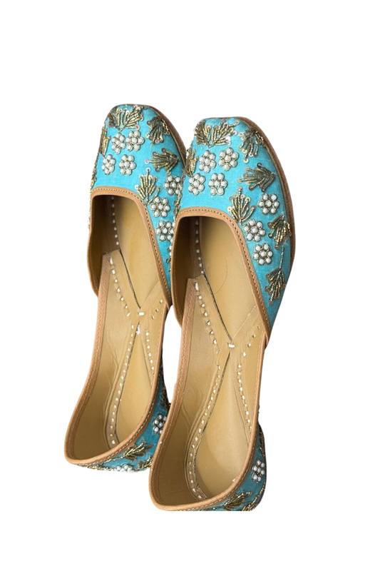 Sky Blue Pearl & Gold Khussa