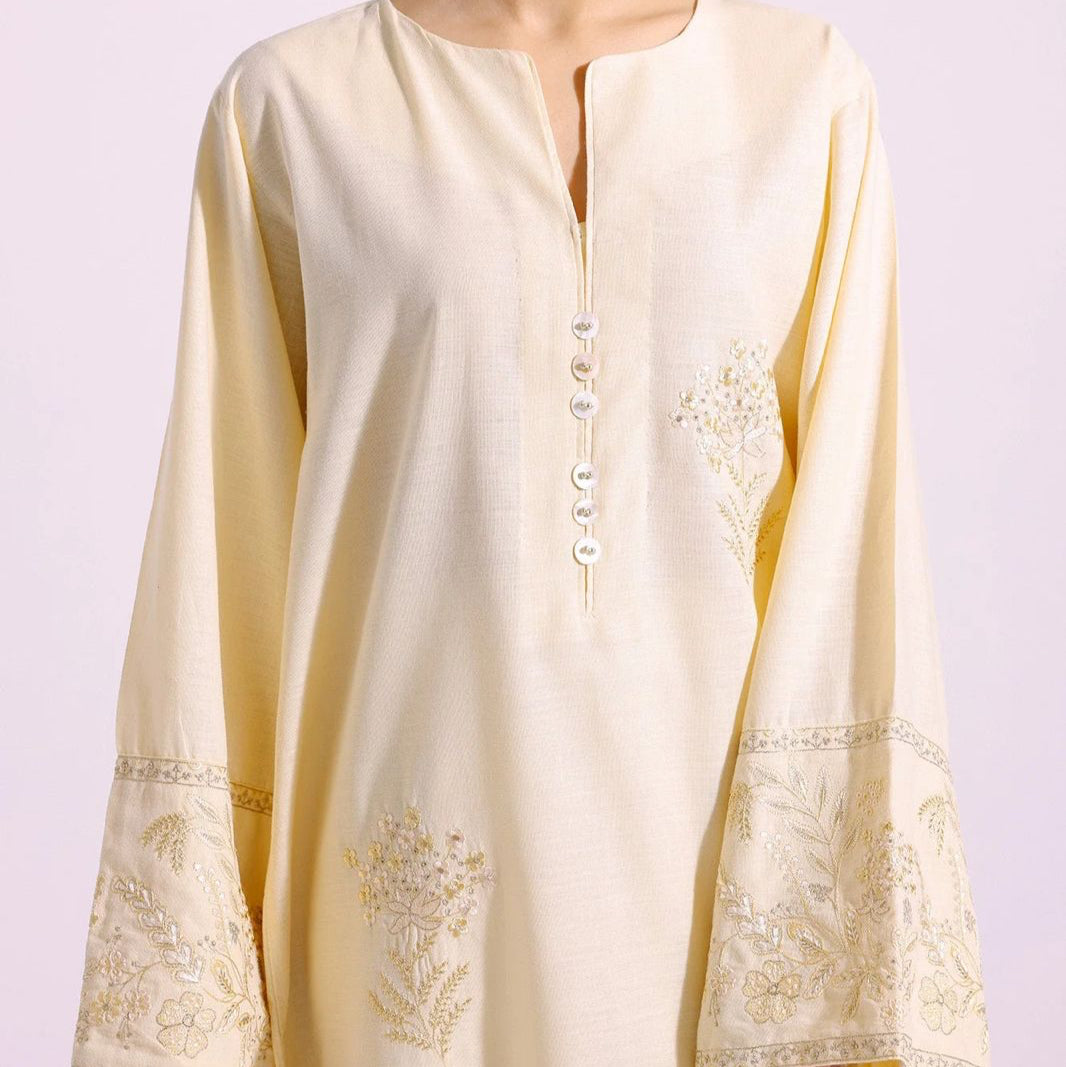 Soft Yellow Embroidered Kurta with Subtle Floral Motifs