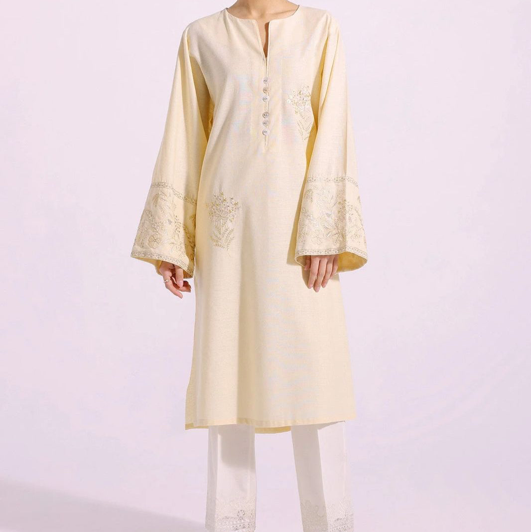 Soft Yellow Embroidered Kurta with Subtle Floral Motifs