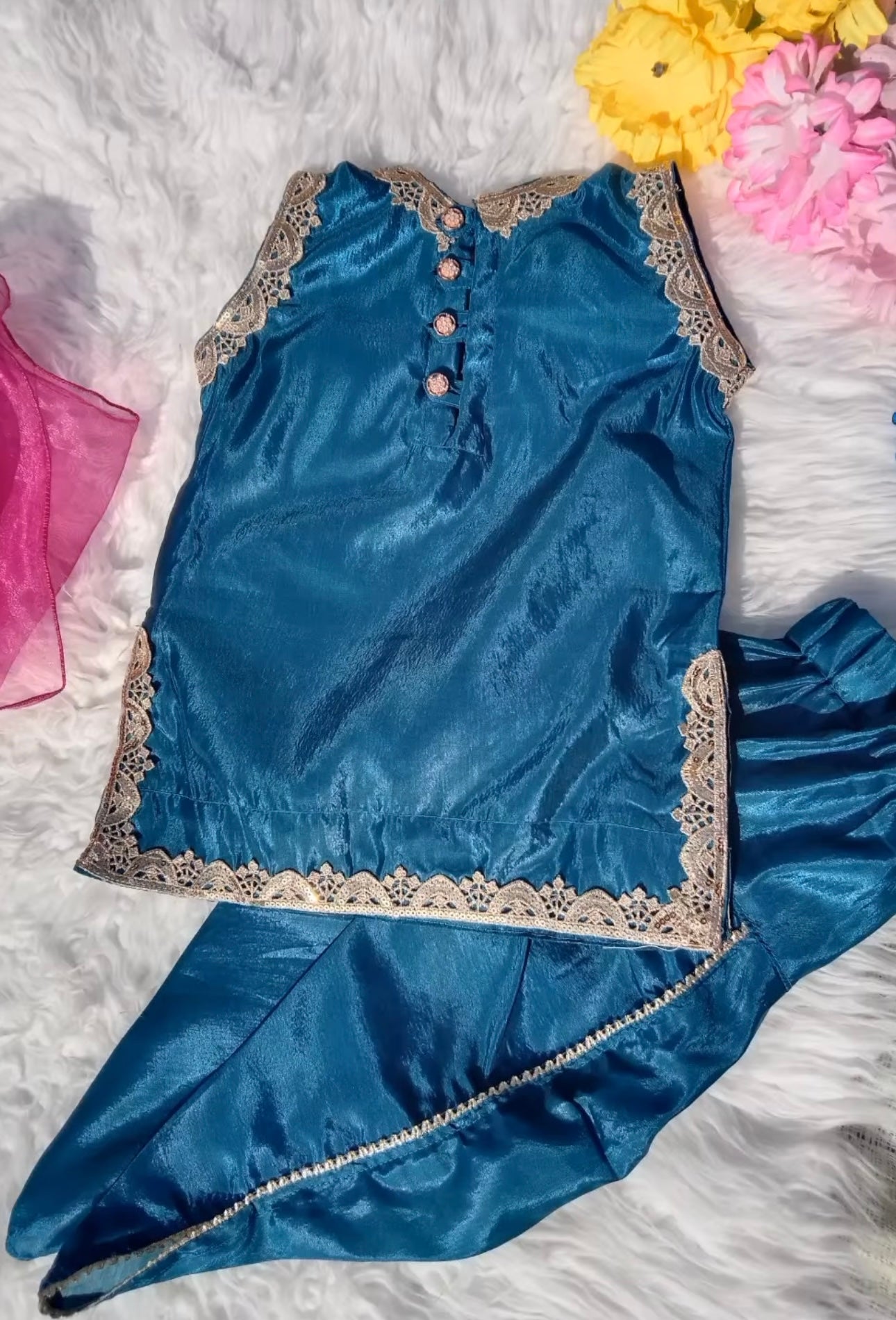 Teal Silk Kurta Set with Dupatta for Girls