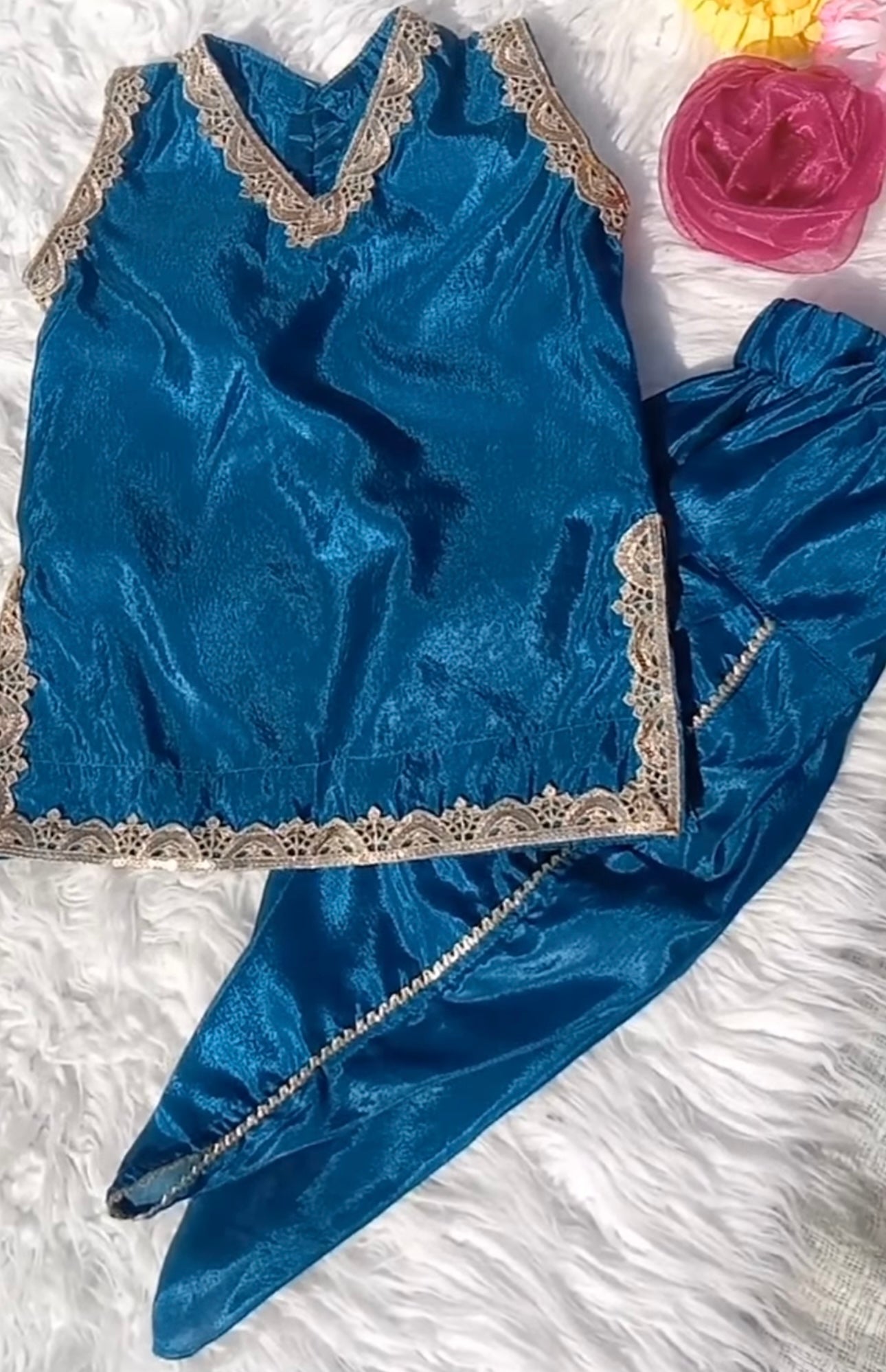 Teal Silk Kurta Set with Dupatta for Girls