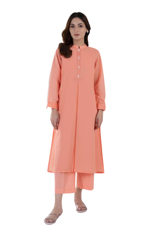 Peach Straight Kurta Set with Button Detailing