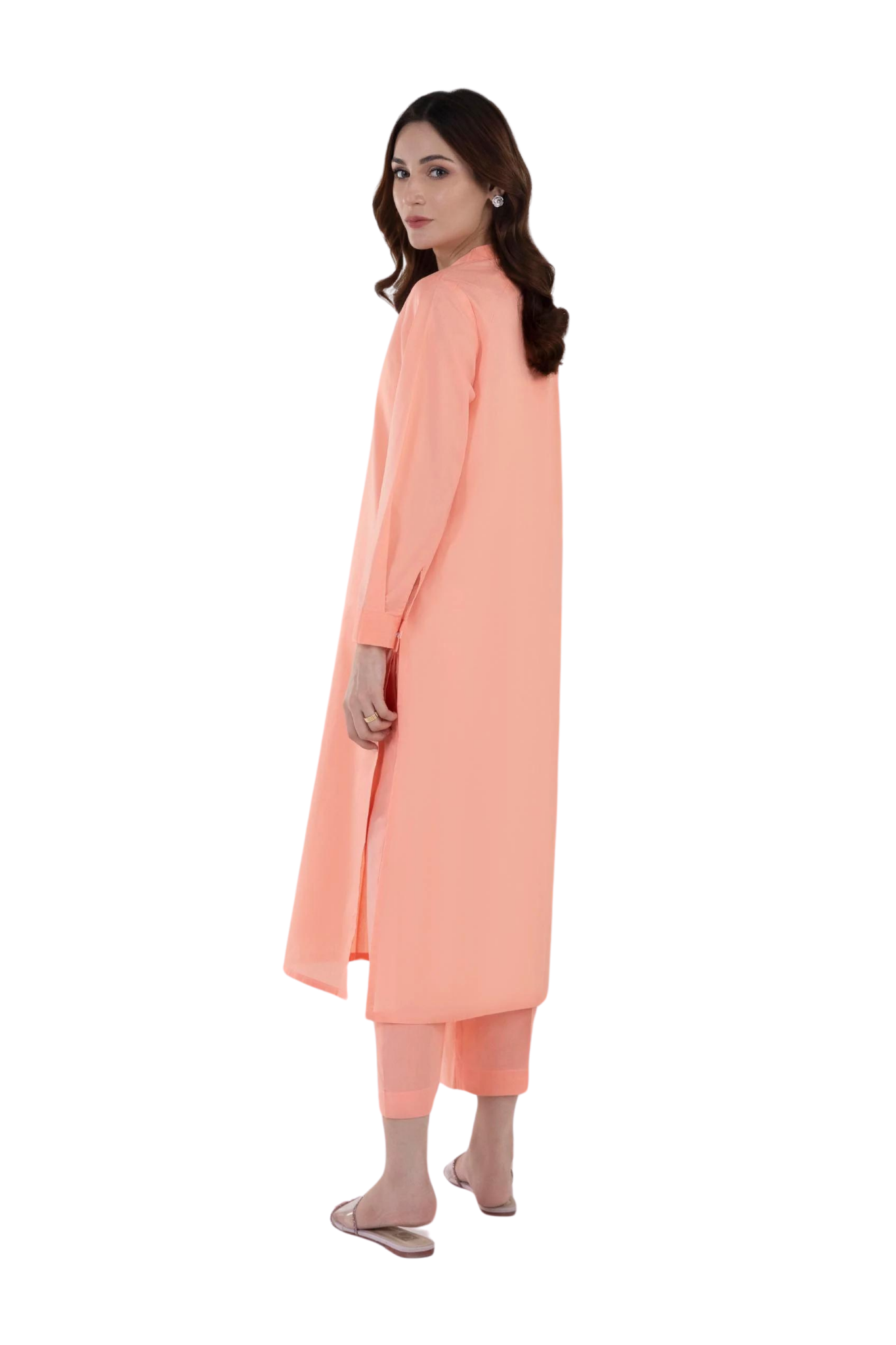 Peach Straight Kurta Set with Button Detailing