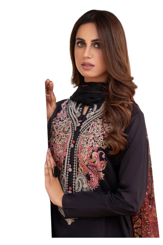 Black Embroidered Suit with Printed Dupatta