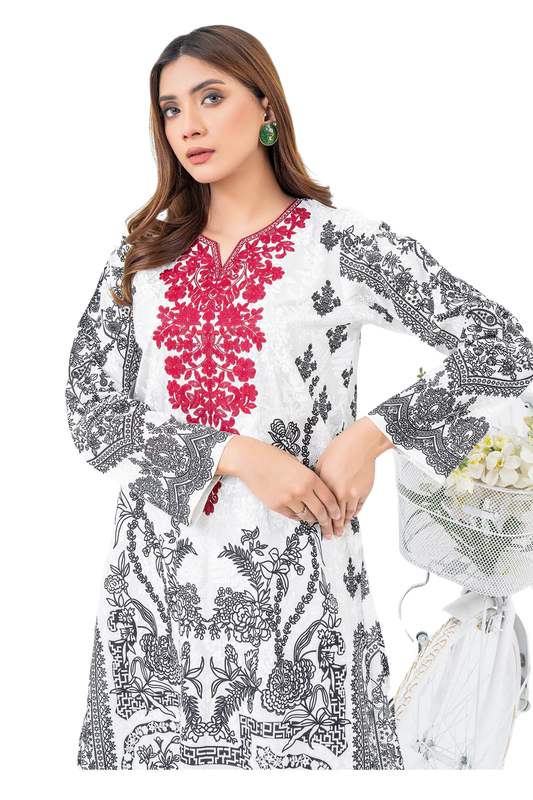 White & Black Printed Shirt with Red Embroidery