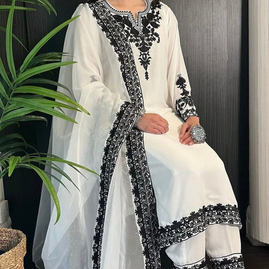 White & Black Traditional Embroidered Outfit