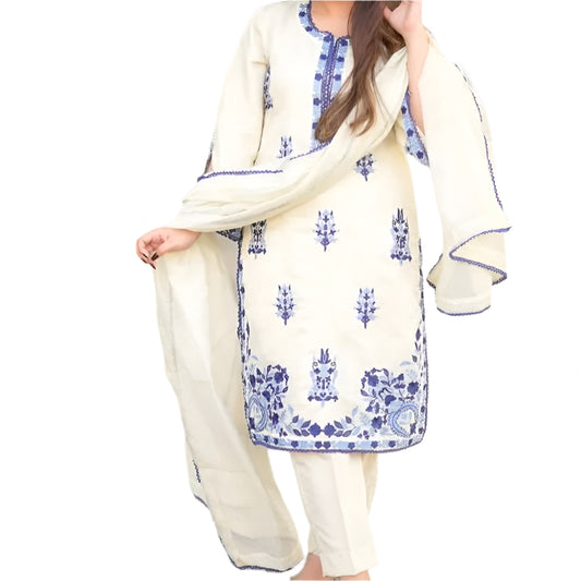 White & Blue Embroidered Kurta Set