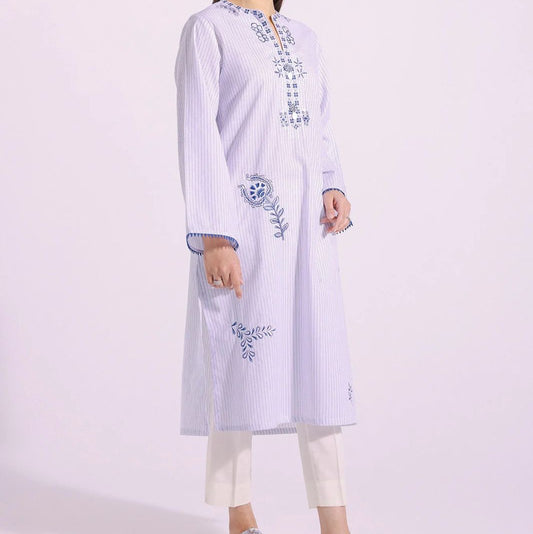 White & Blue Striped Kurta with Embroidered Details