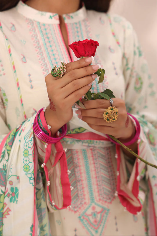 White & Pastel Printed Lawn Suit with Subtle Accents
