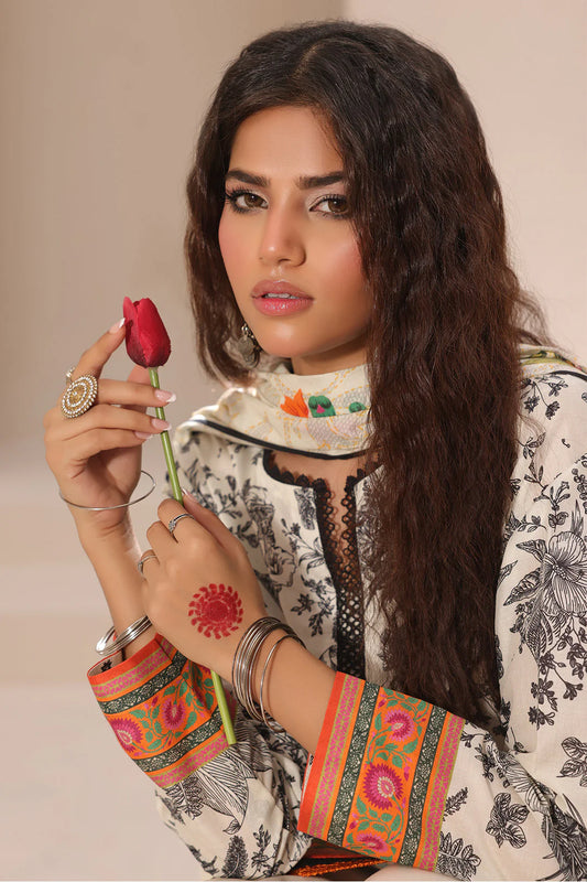 Black & White Printed Lawn Suit with Floral Dupatta