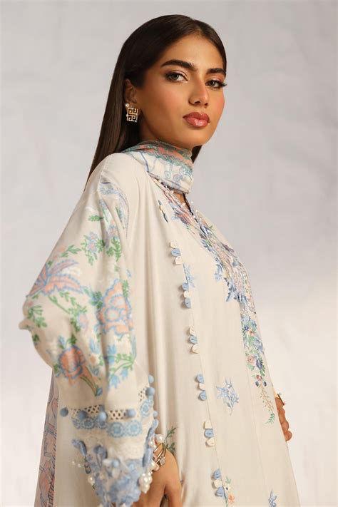 Beige & Pastel Blue Embroidered Lawn Suit