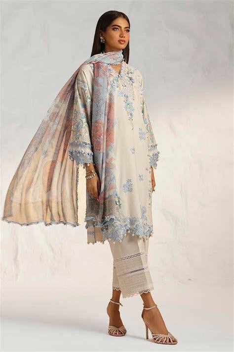 Beige & Pastel Blue Embroidered Lawn Suit