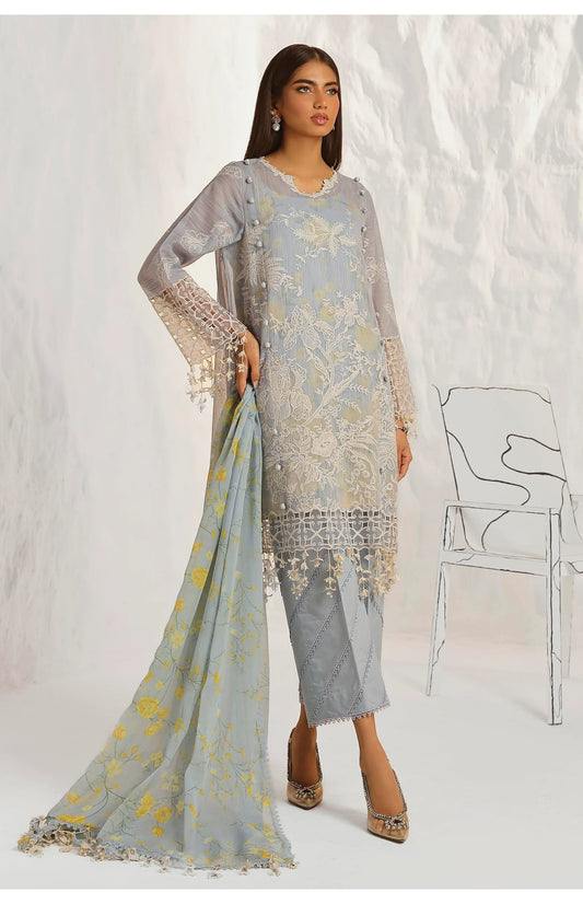 Powder Blue Embroidered Luxury Suit with Floral Dupatta